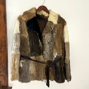Vintage Retro 1970s Brown Rabbit Fur Patchwork Jacket Coat Belted Lined Size M